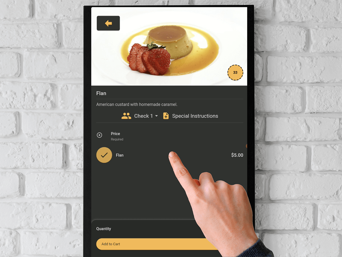 Wall-mounted self-order kiosk showing a dessert item