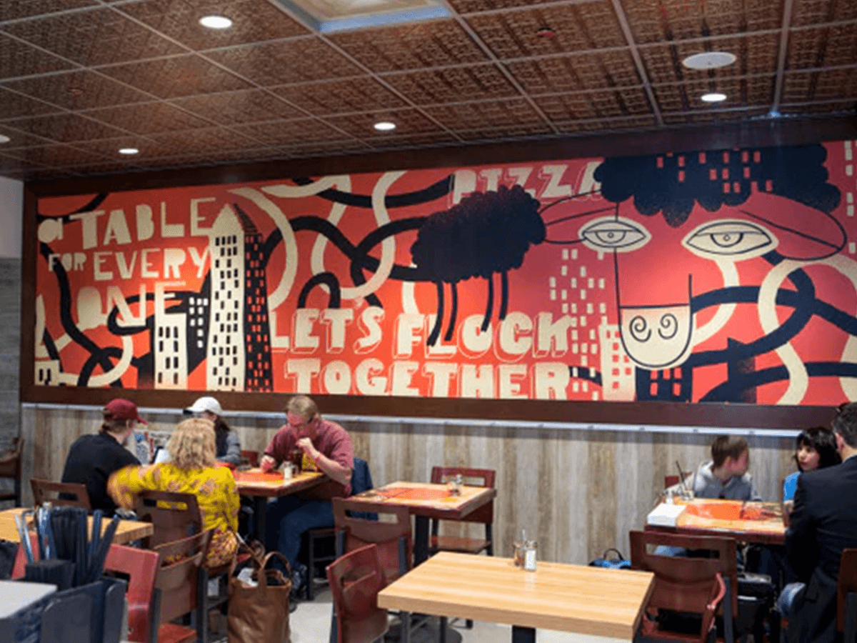 Illustrated mural on a restaurant wall